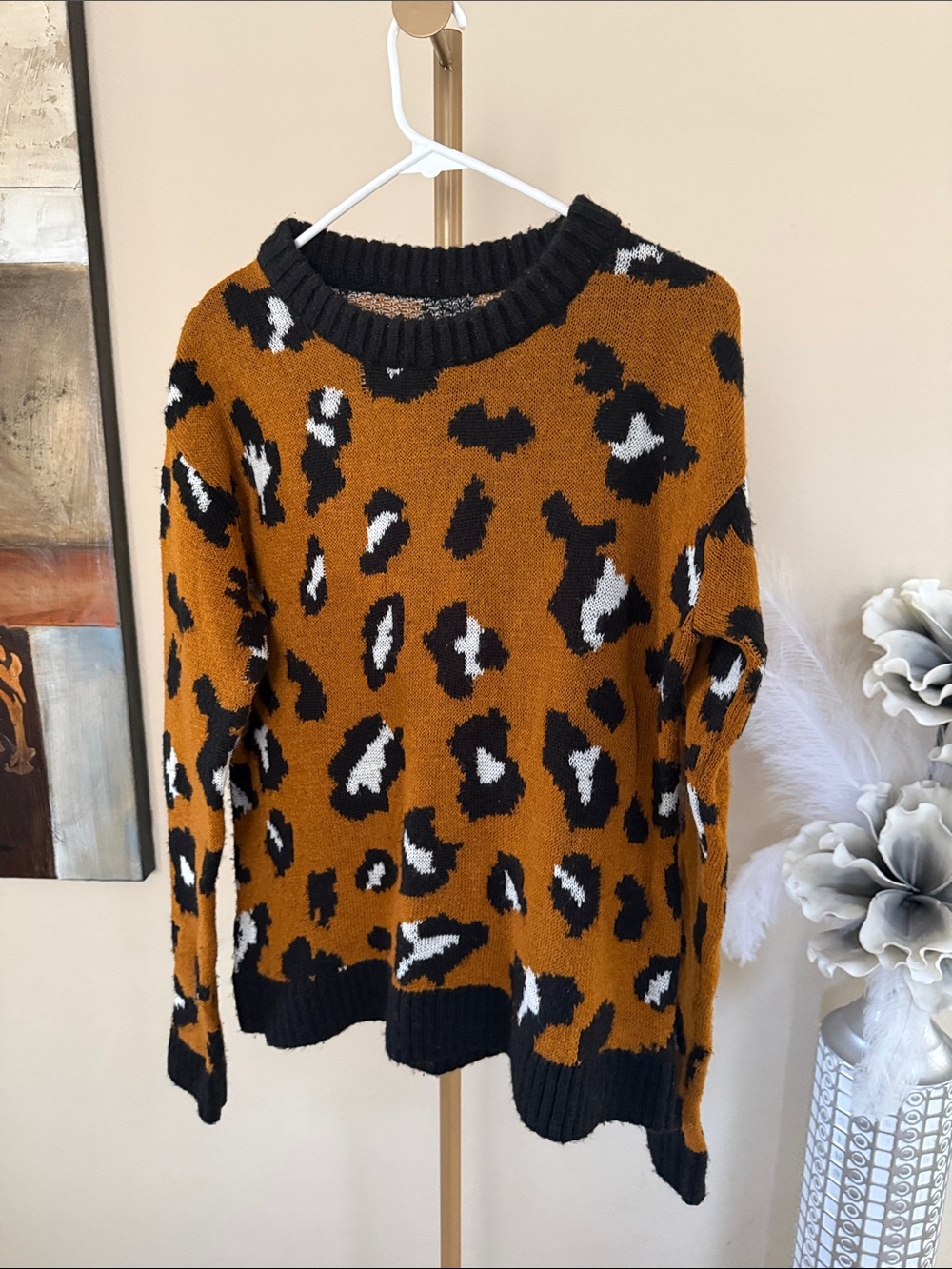 Source Unknown Mustard Black White Leopard Crewneck Sweater